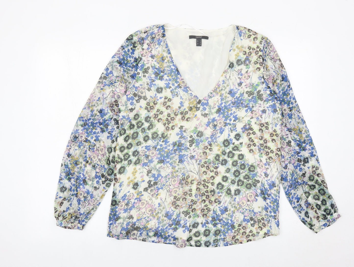 Esprit Womens Multicoloured Floral Chiffon Blouse S V-Neck Long Sleeve