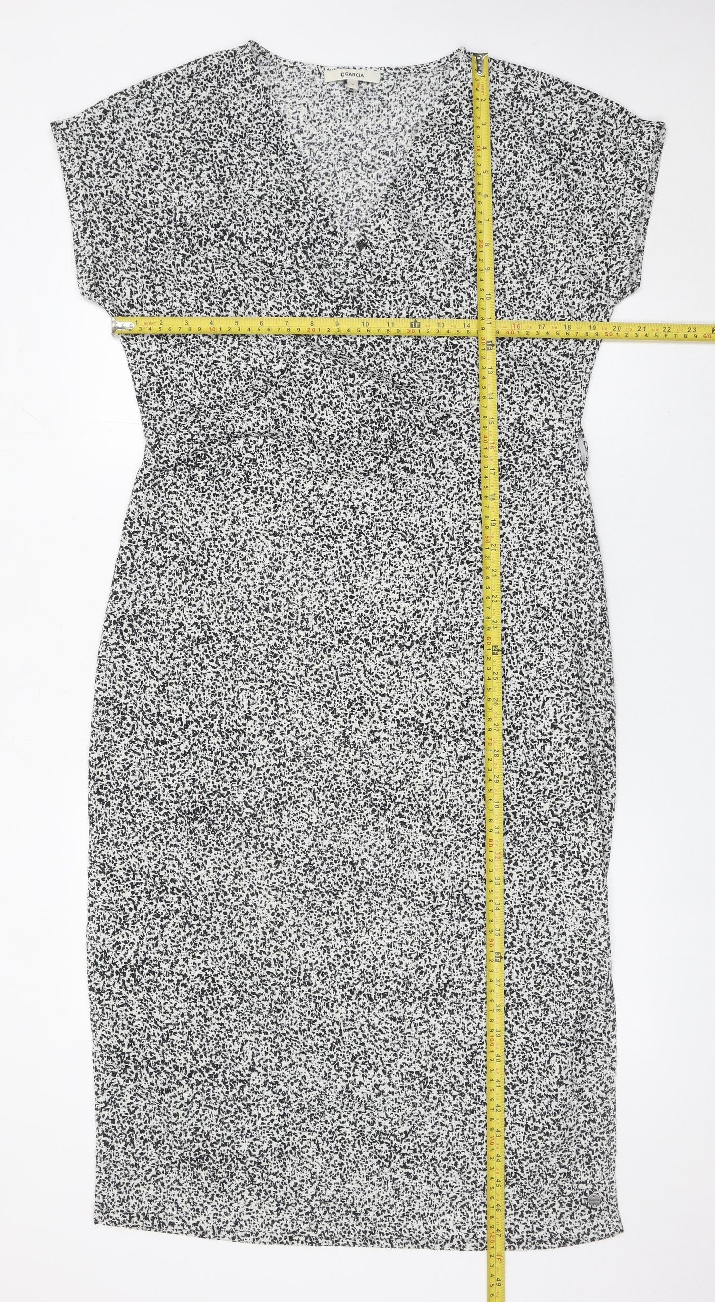 Garcia Womens Black White Sheath Dress Size L V-Neck Stretch Work