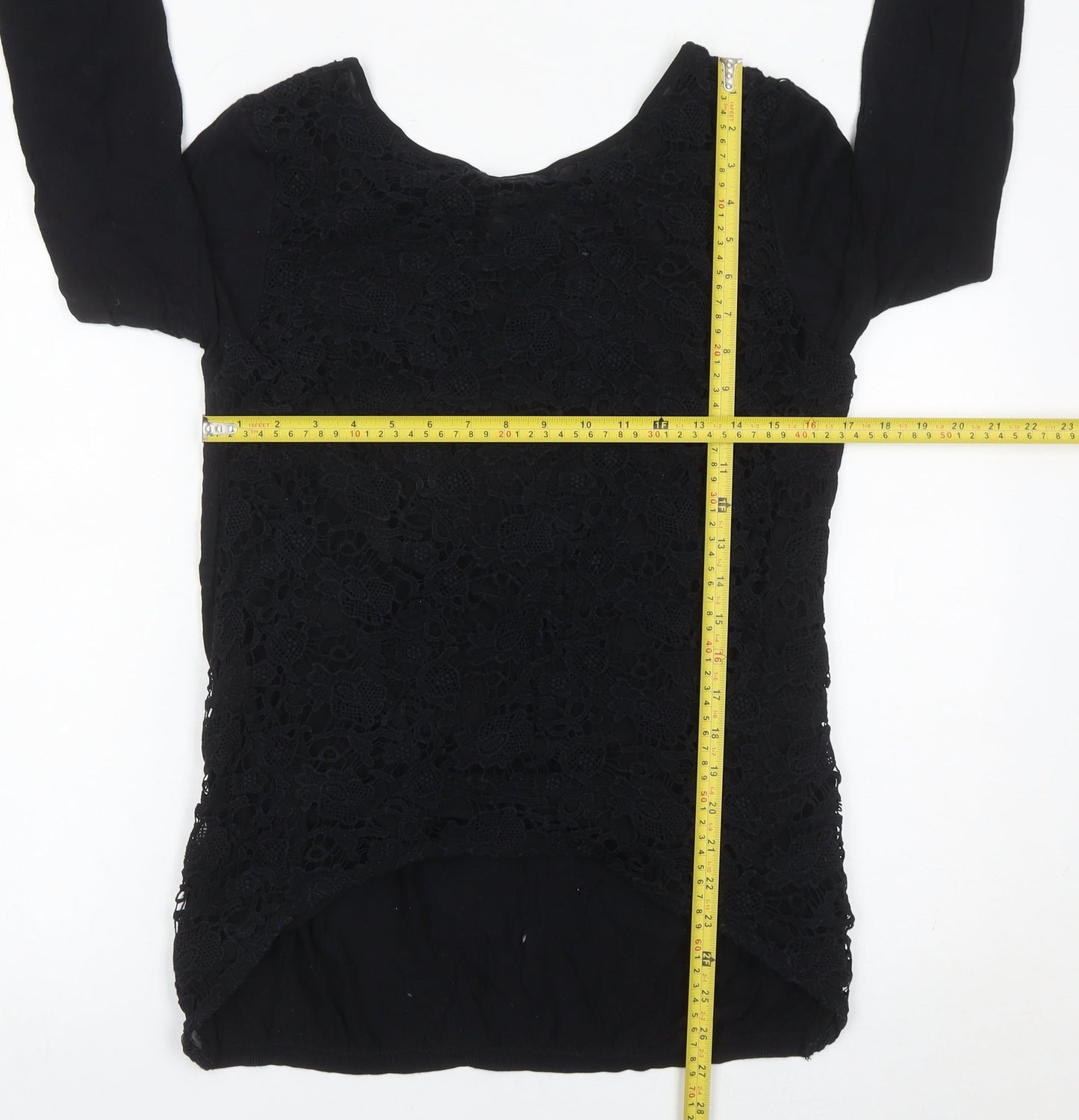Next Womens Black Lace Tunic Blouse Size 12 Long Sleeve Cotton
