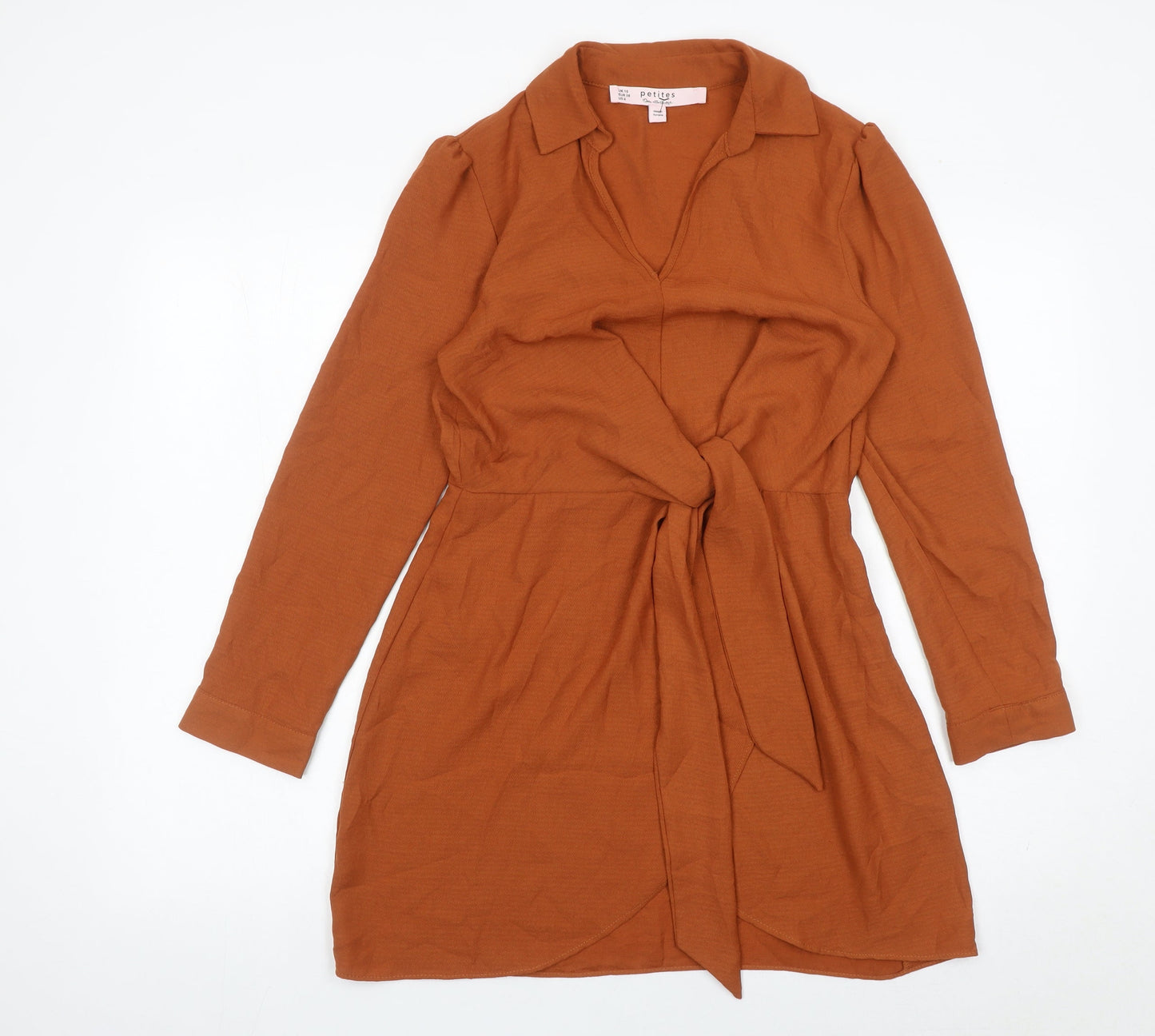 Miss Selfridge Women Brown Size 10 Shirt Dress Long Sleeve Belted