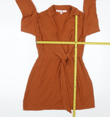 Miss Selfridge Women Brown Size 10 Shirt Dress Long Sleeve Belted