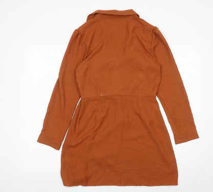 Miss Selfridge Women Brown Size 10 Shirt Dress Long Sleeve Belted