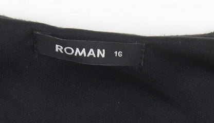 Roman Women’s Black Grey Floral Sheath Dress Size 16 3/4 Sleeve