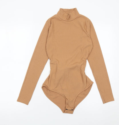 Boohoo Women Brown Ribbed High Neck Belted Long Sleeve Bodysuit Size 12