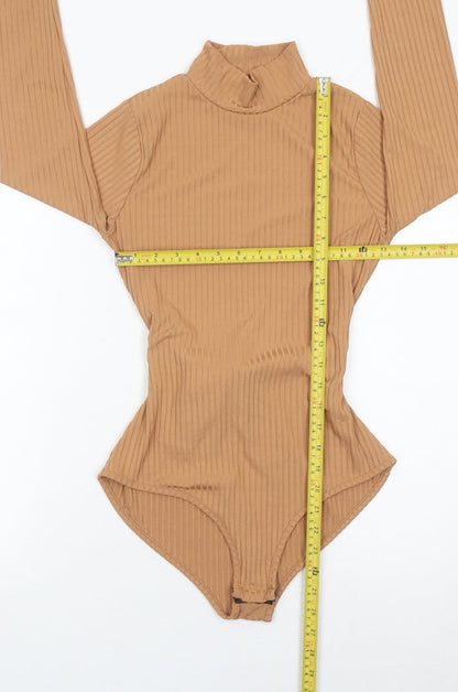 Boohoo Women Brown Ribbed High Neck Belted Long Sleeve Bodysuit Size 12