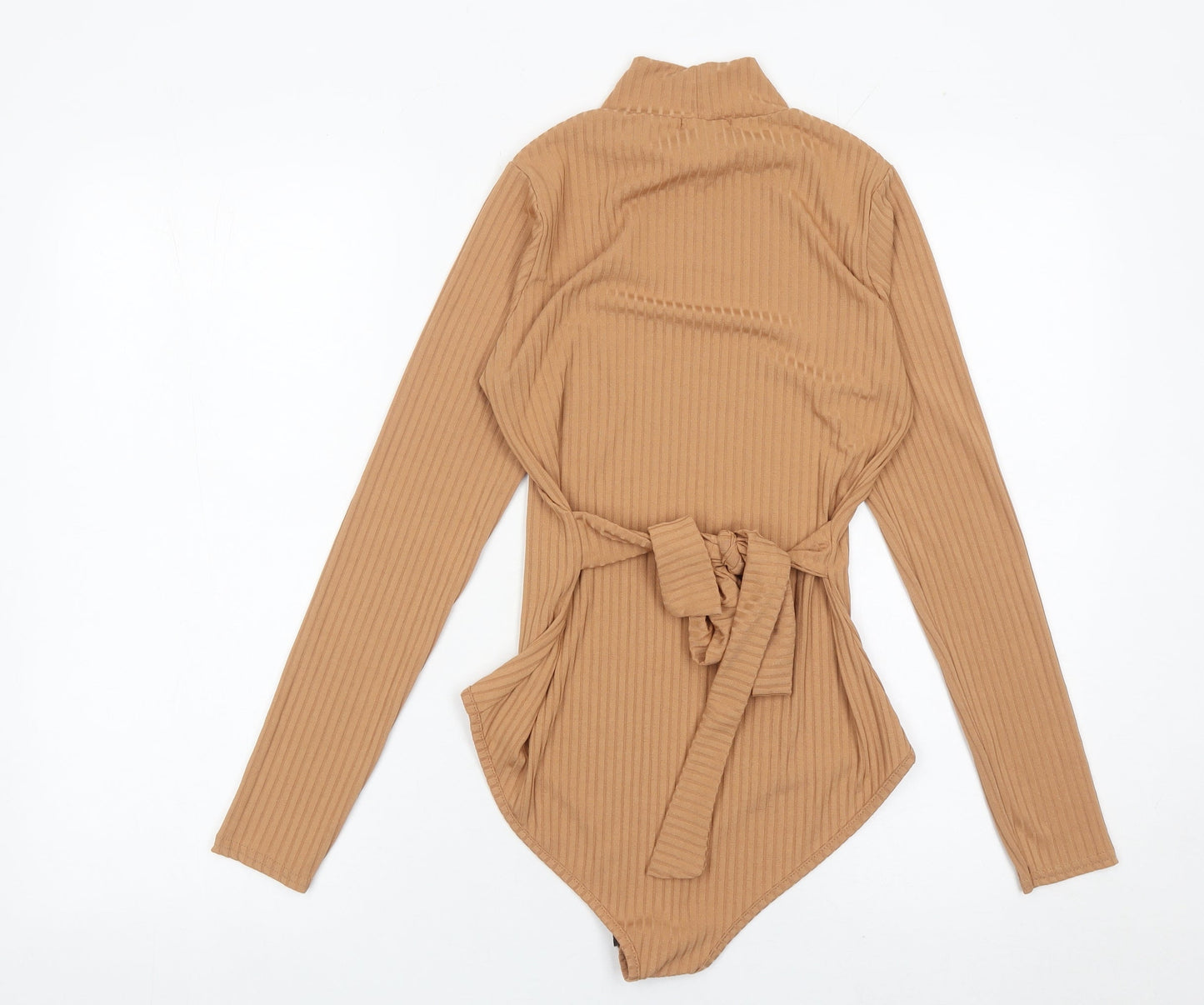 Boohoo Women Brown Ribbed High Neck Belted Long Sleeve Bodysuit Size 12