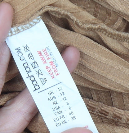 Boohoo Women Brown Ribbed High Neck Belted Long Sleeve Bodysuit Size 12