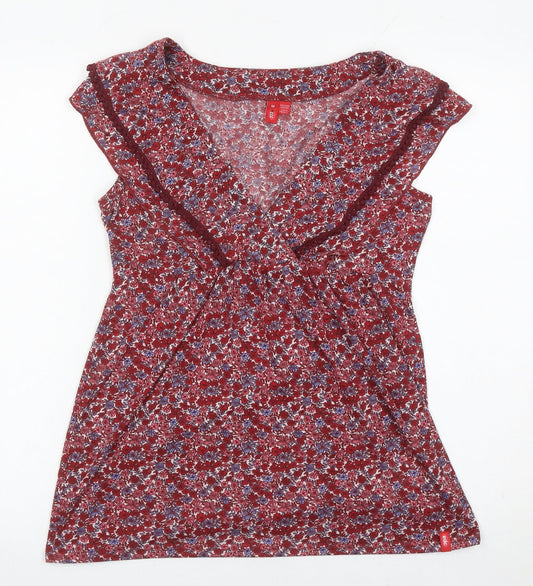 Esprit Women Red Floral V-Neck Ruffle Sleeveless Wrap Blouse M