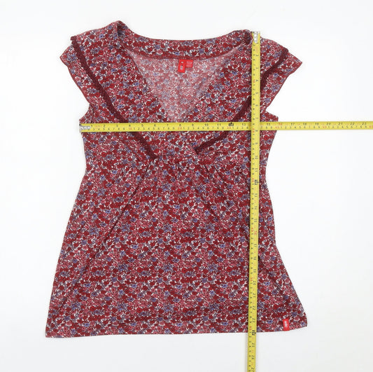 Esprit Women Red Floral V-Neck Ruffle Sleeveless Wrap Blouse M