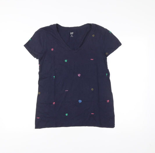 GAP Womens Blue Embroidered Holiday V-Neck T-Shirt Size M