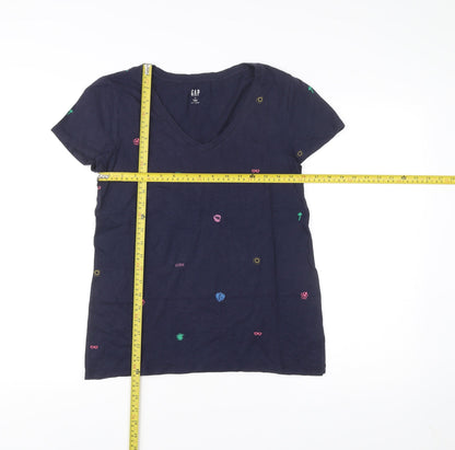 GAP Womens Blue Embroidered Holiday V-Neck T-Shirt Size M