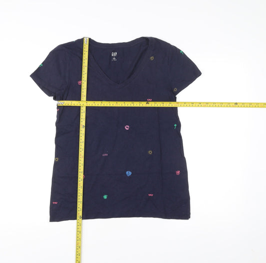 GAP Womens Blue Embroidered Holiday V-Neck T-Shirt Size M
