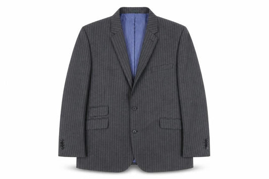 Front view of Taylor & Wright Men’s Grey Pinstripe Blazer 46S Tailored Fit Jacket
