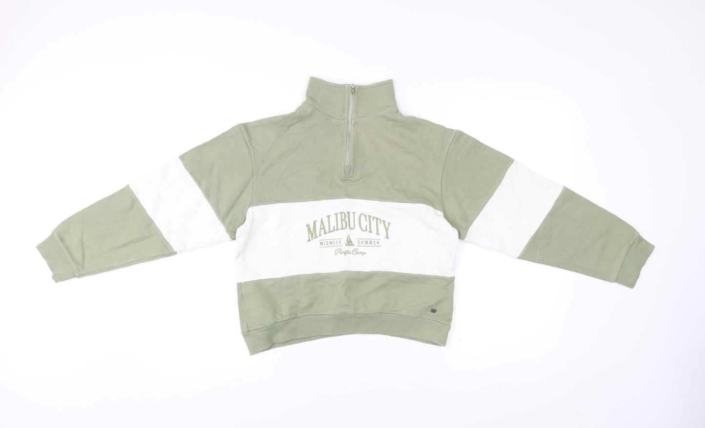 Pull&Bear Women’s Green White XS Sweatshirt 1/4 Zip Malibu Logo