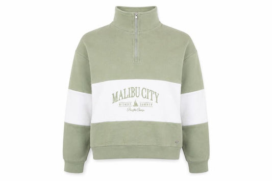 Pull&Bear Women’s Green White XS Sweatshirt 1/4 Zip Malibu Logo