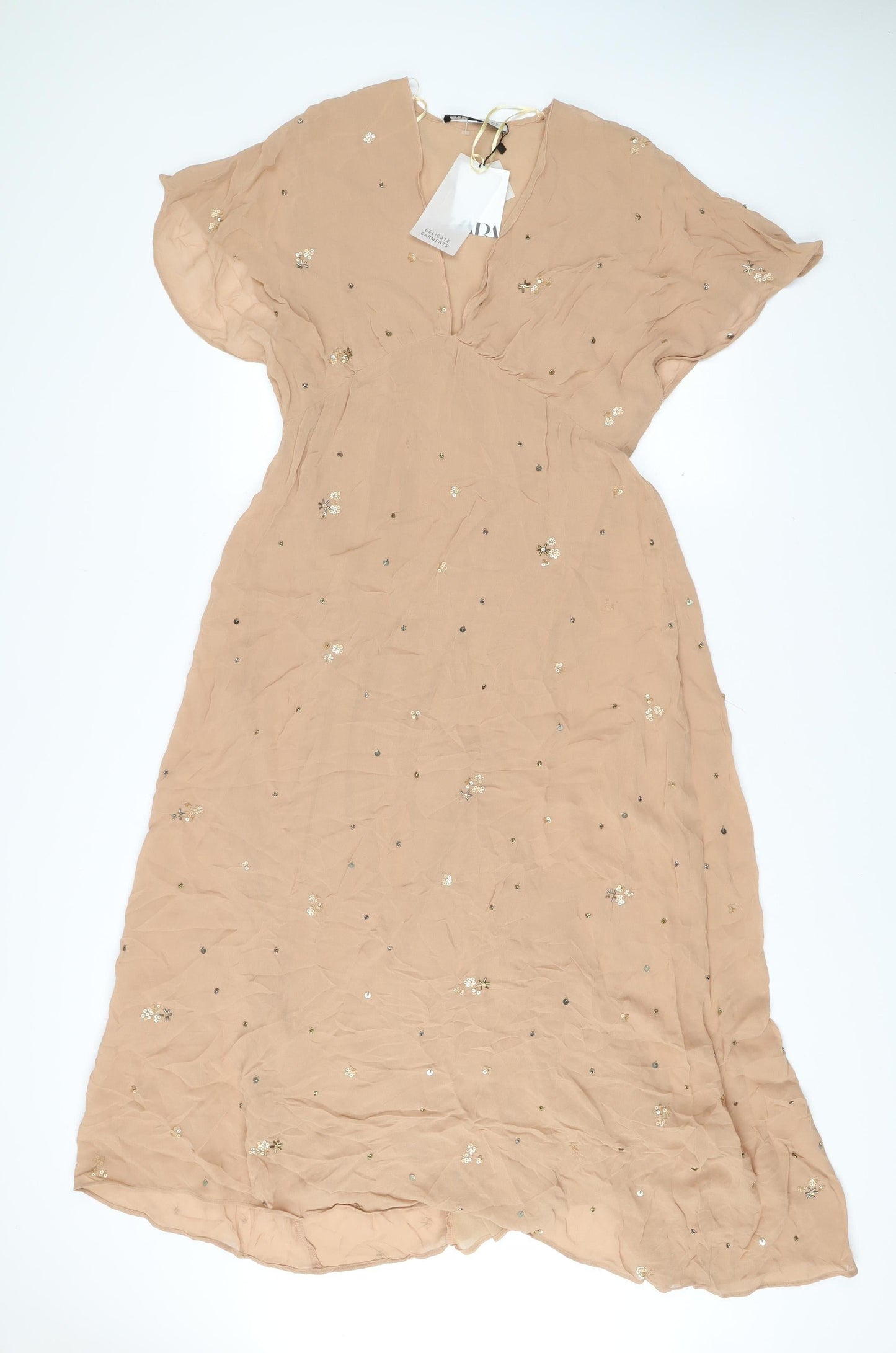 Zara Women Beige Midi A-Line Dress Size 8 Sequin Flutter Sleeve