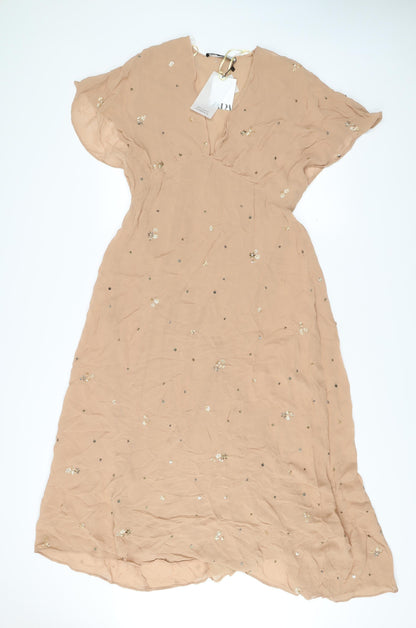 Zara Women Beige Midi A-Line Dress Size 8 Sequin Flutter Sleeve