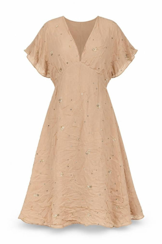 Zara Women Beige Midi A-Line Dress Size 8 Sequin Flutter Sleeve