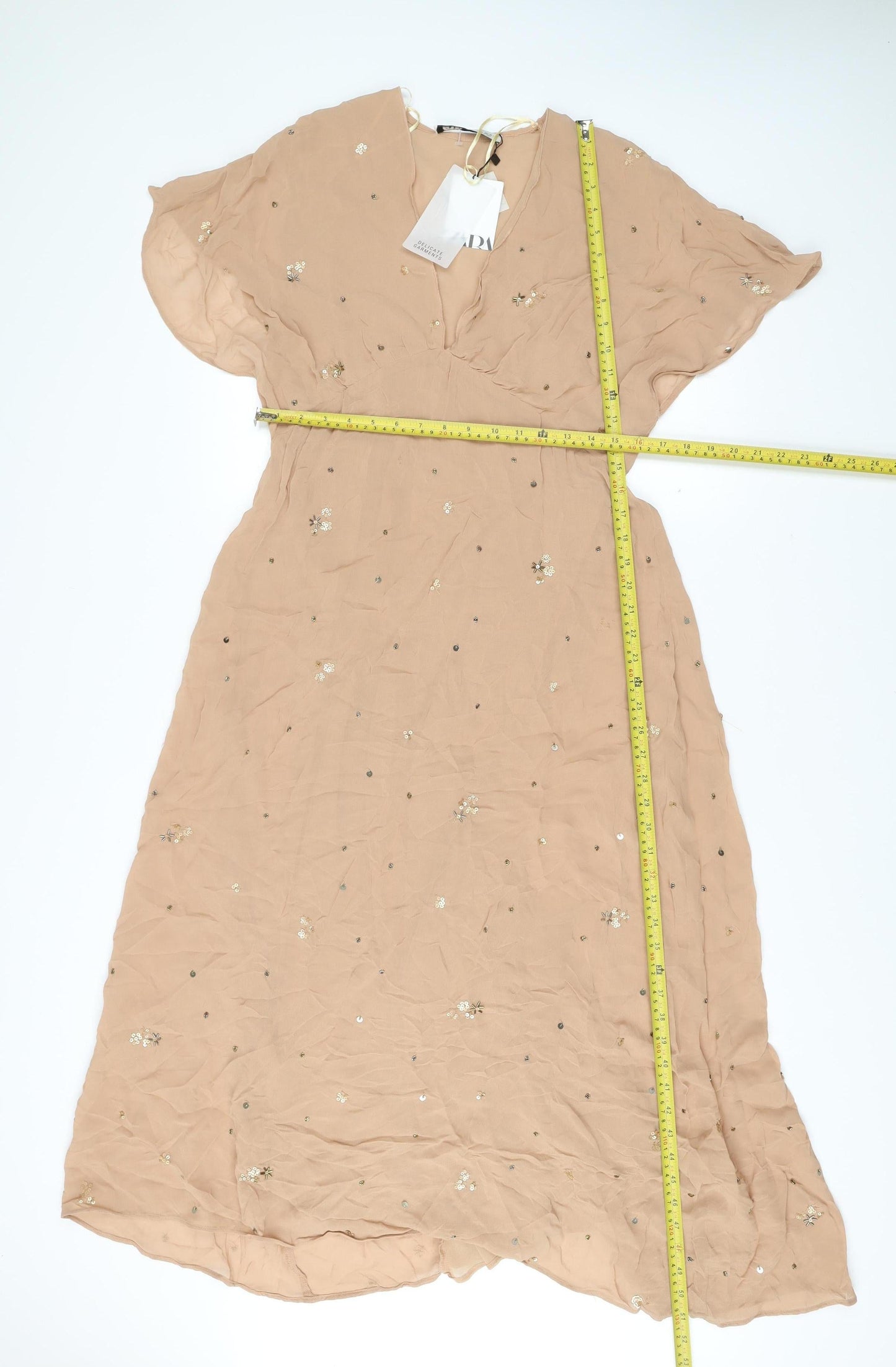Zara Women Beige Midi A-Line Dress Size 8 Sequin Flutter Sleeve