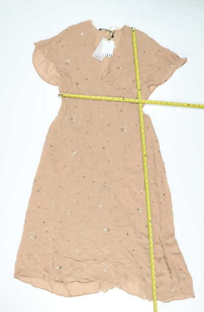 Zara Women Beige Midi A-Line Dress Size 8 Sequin Flutter Sleeve
