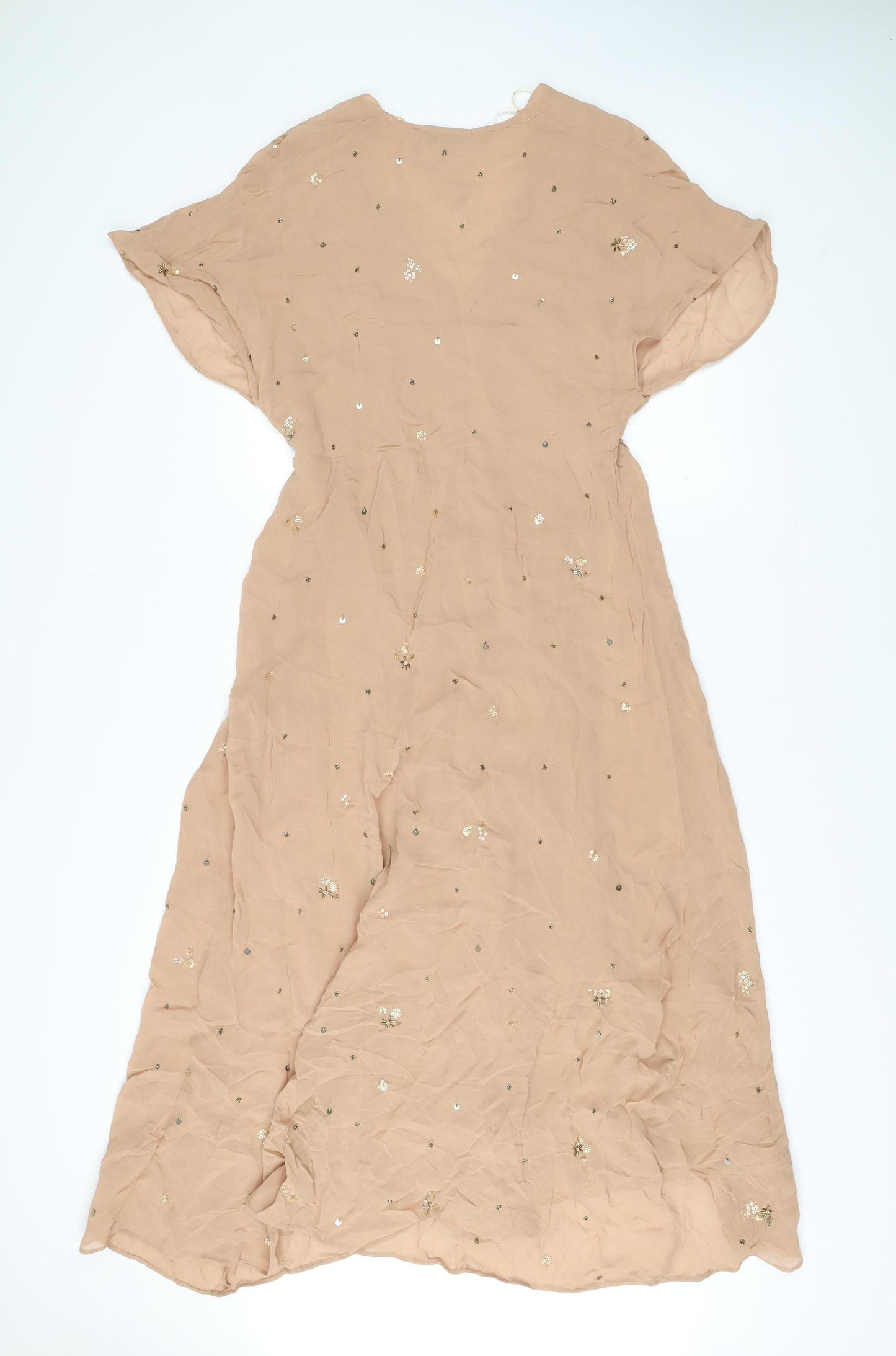 Zara Women Beige Midi A-Line Dress Size 8 Sequin Flutter Sleeve