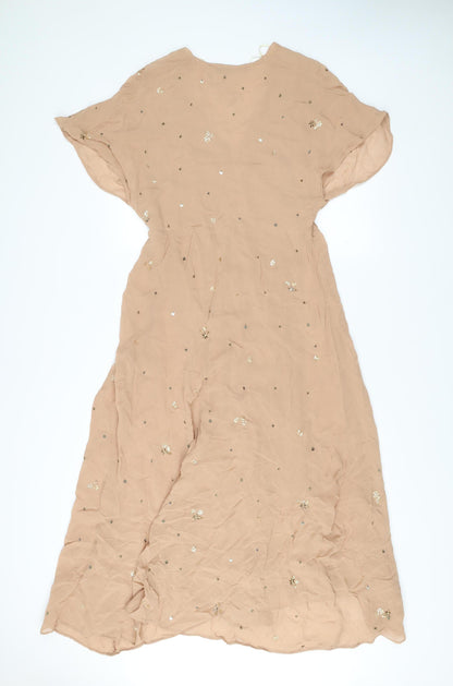 Zara Women Beige Midi A-Line Dress Size 8 Sequin Flutter Sleeve