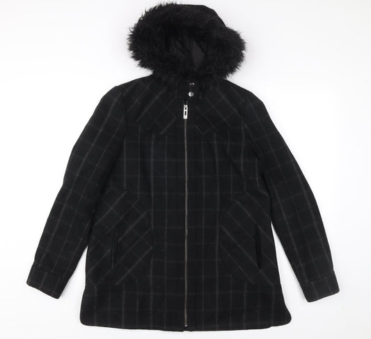 George Women’s Black Check Mid-Length Hooded Coat UK 12