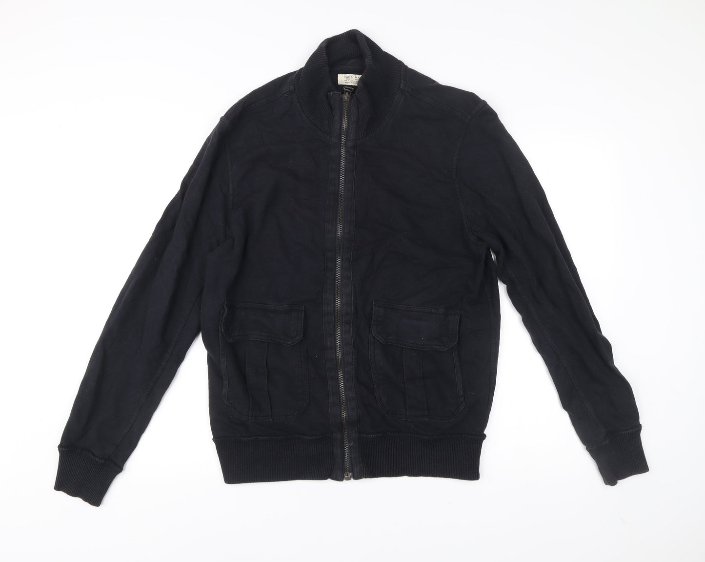 Zara Man Black Bomber Jacket Men XL 42 Stand Collar Cotton