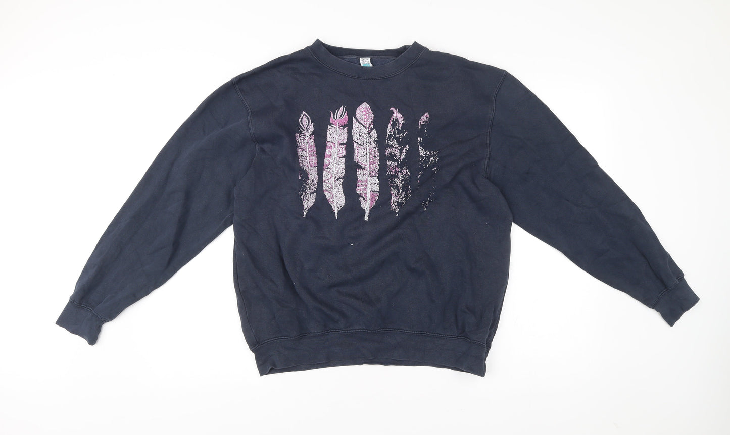 Lane Seven Womens Blue Sweatshirt M Pullover Crew Neck Feather Print