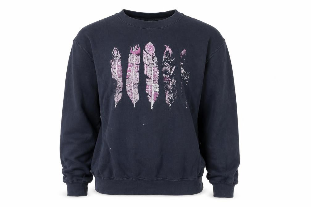 Lane Seven Womens Blue Sweatshirt M Pullover Crew Neck Feather Print