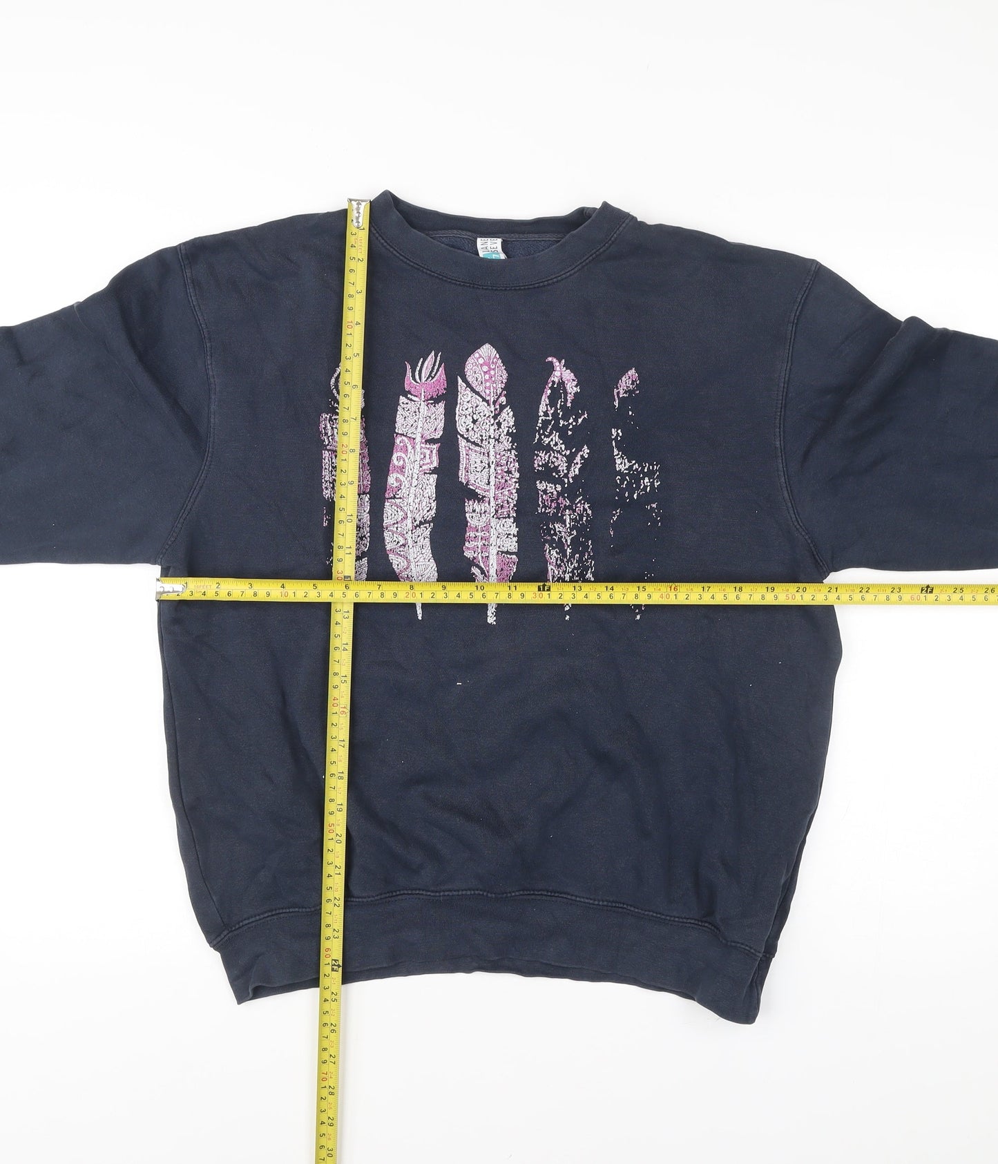 Lane Seven Womens Blue Sweatshirt M Pullover Crew Neck Feather Print