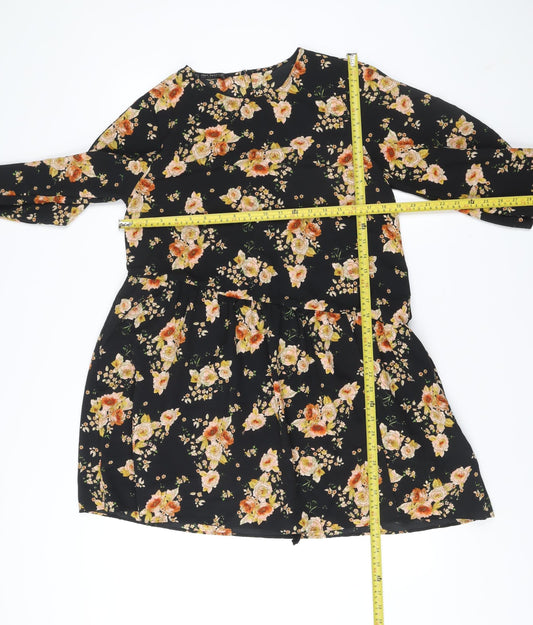 Zara Women’s Black Floral A-Line Dress Size 14 Long Sleeve Viscose