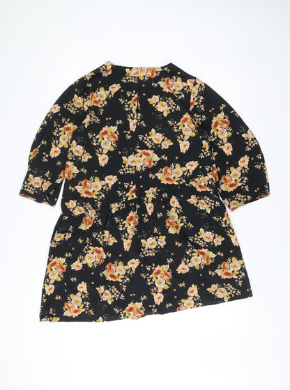 Zara Women’s Black Floral A-Line Dress Size 14 Long Sleeve Viscose