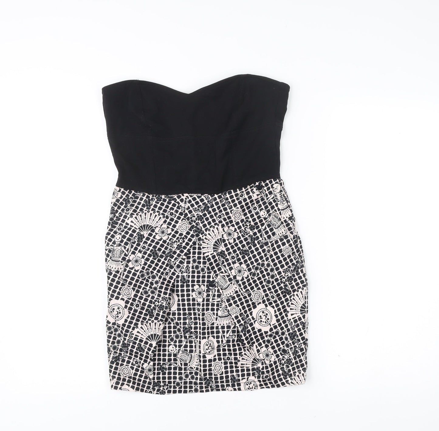Women’s Black & White Strapless Bodycon Dress Size 12 Cotton Blend