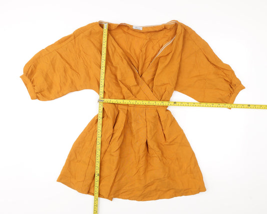 Oh Polly Women’s Yellow Wrap Dress Size 4 Short Puff Sleeve V-Neck