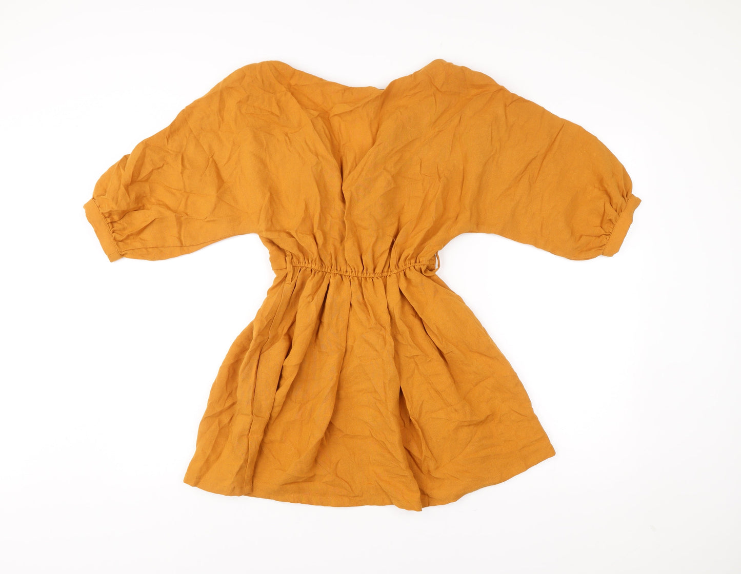 Oh Polly Women’s Yellow Wrap Dress Size 4 Short Puff Sleeve V-Neck