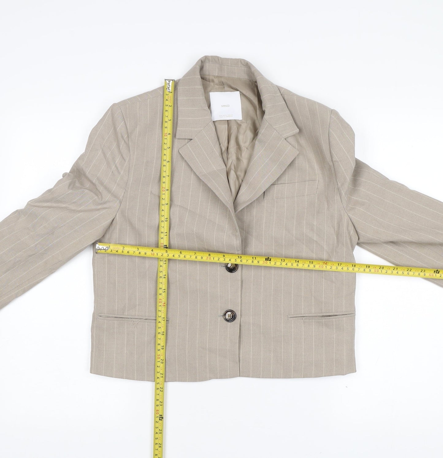 Mango Womens Beige Pinstripe Blazer Size 10 Cropped Jacket