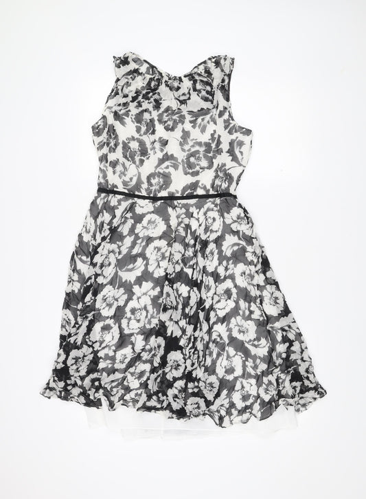 Hobbs Women’s Black White Floral Silk A-Line Dress UK 12 Sleeveless