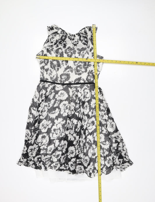 Hobbs Women’s Black White Floral Silk A-Line Dress UK 12 Sleeveless