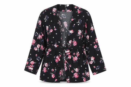 H&M Divided Womens Black Floral Kimono Blouse Size M Tie Belt Long Sleeve