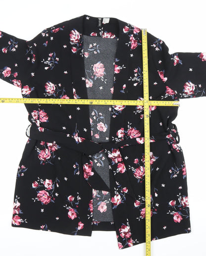 H&M Divided Womens Black Floral Kimono Blouse Size M Tie Belt Long Sleeve