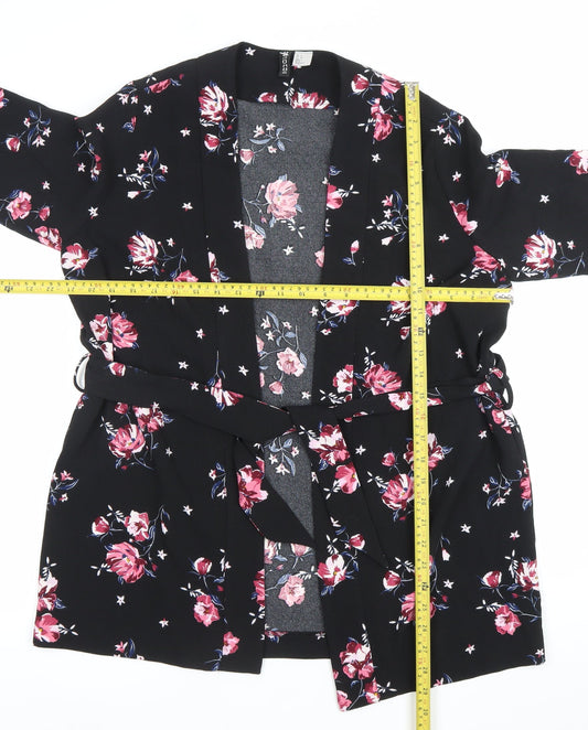 H&M Divided Womens Black Floral Kimono Blouse Size M Tie Belt Long Sleeve