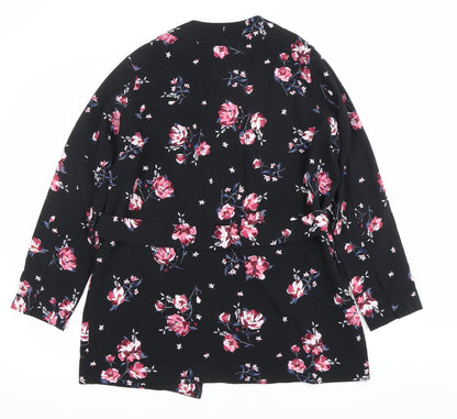 H&M Divided Womens Black Floral Kimono Blouse Size M Tie Belt Long Sleeve