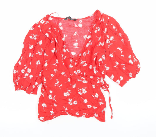 New Look Women Red Floral Wrap Blouse Size 10 Puff Sleeve