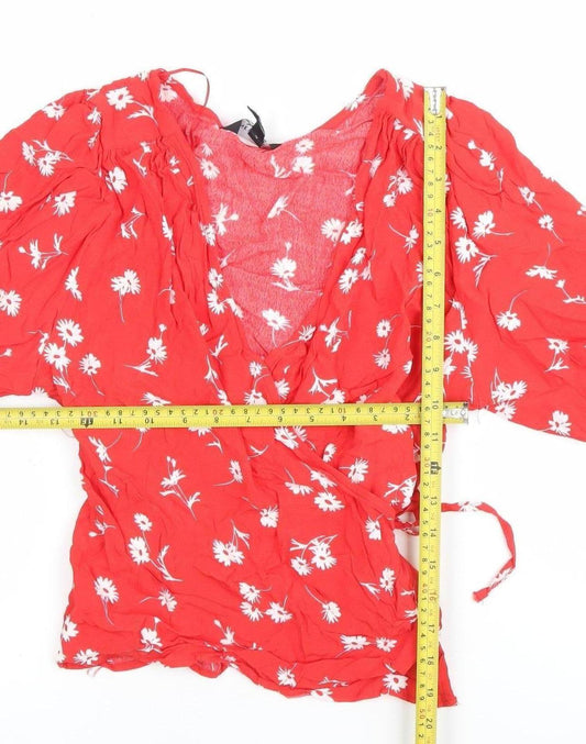 New Look Women Red Floral Wrap Blouse Size 10 Puff Sleeve