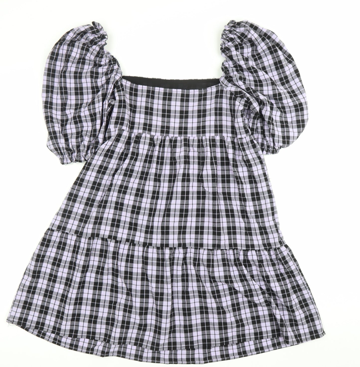 H&M Divided Women’s Black Check Skater Dress Size 10 Puff Sleeve