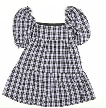 H&M Divided Women’s Black Check Skater Dress Size 10 Puff Sleeve