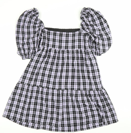 H&M Divided Women’s Black Check Skater Dress Size 10 Puff Sleeve