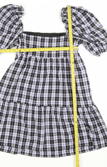 H&M Divided Women’s Black Check Skater Dress Size 10 Puff Sleeve