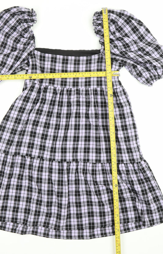 H&M Divided Women’s Black Check Skater Dress Size 10 Puff Sleeve